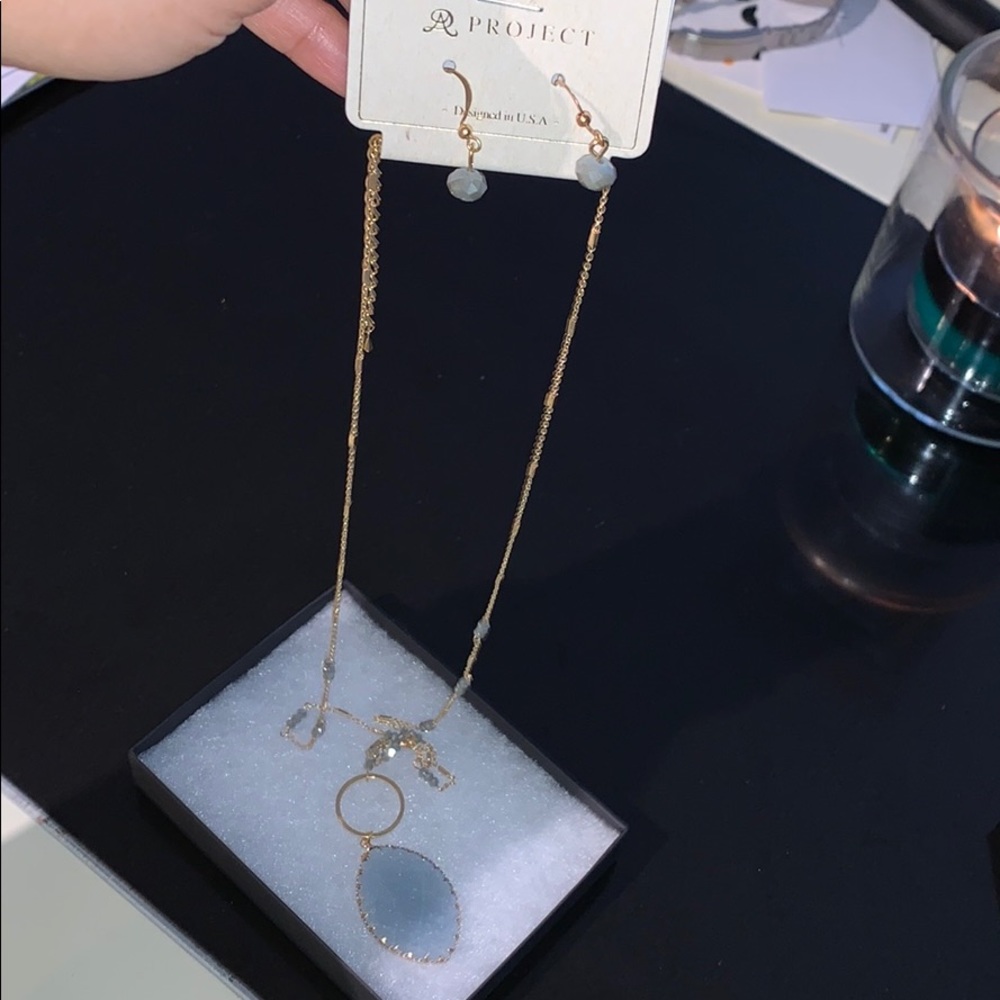 NWT Gold & Light Blue Long Necklace & Earring Set